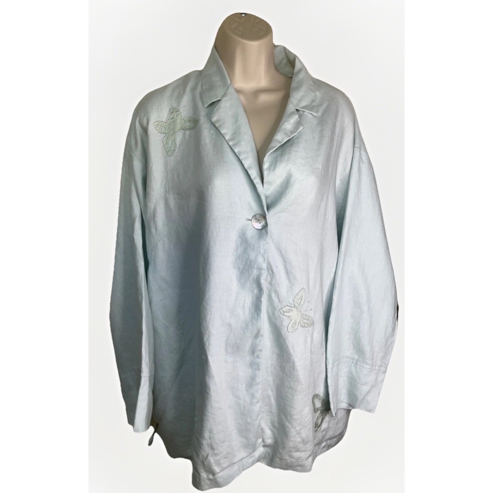 100% Linen‎ Blazer David Dart Baby Blue Butterly Applique Lagenlook Relaxed Sz M